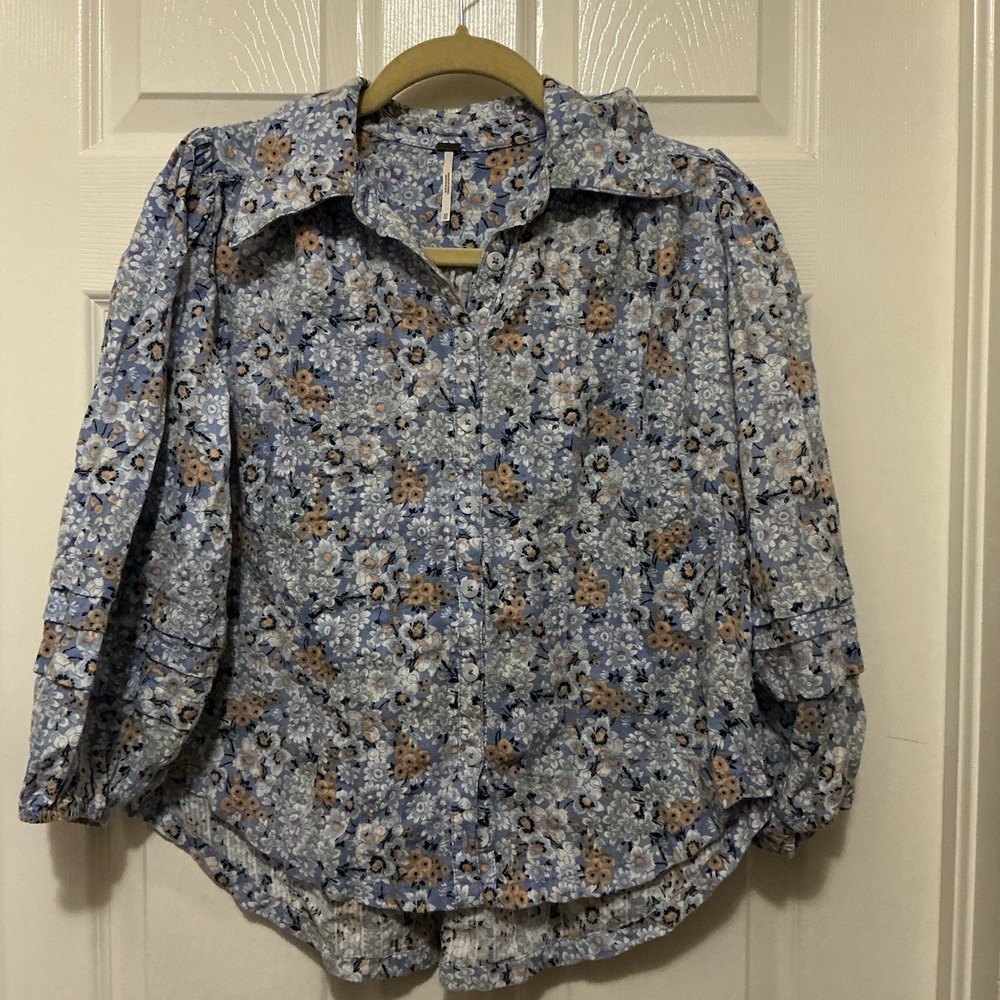 FREE PEOPLE Happy‎ Days Blue Floral Peasant Boho Shirt Blouse Balloon Sleeves XS